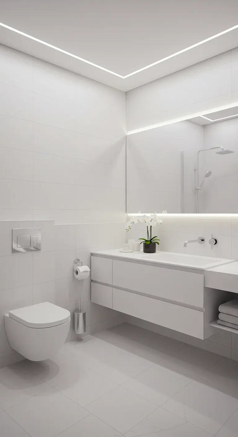 Strakke witte badkamer met geïntegreerde LED-lijnverlichting in plafond en achter spiegel.