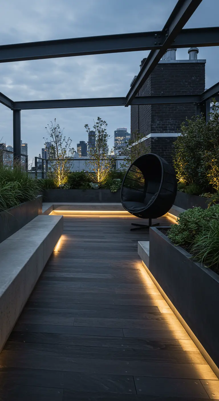 Dakterras met zwart stalen pergola, geïntegreerde zitbank en verlichting, met uitzicht op de stad