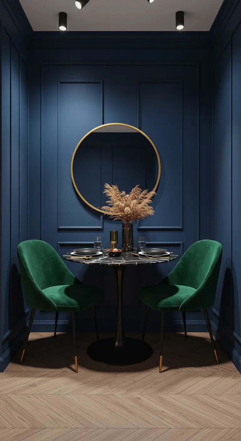 Luxe eethoek met diepblauwe wanden, ronde marmeren tafel, groene fluwelen stoelen en gouden spiegel.