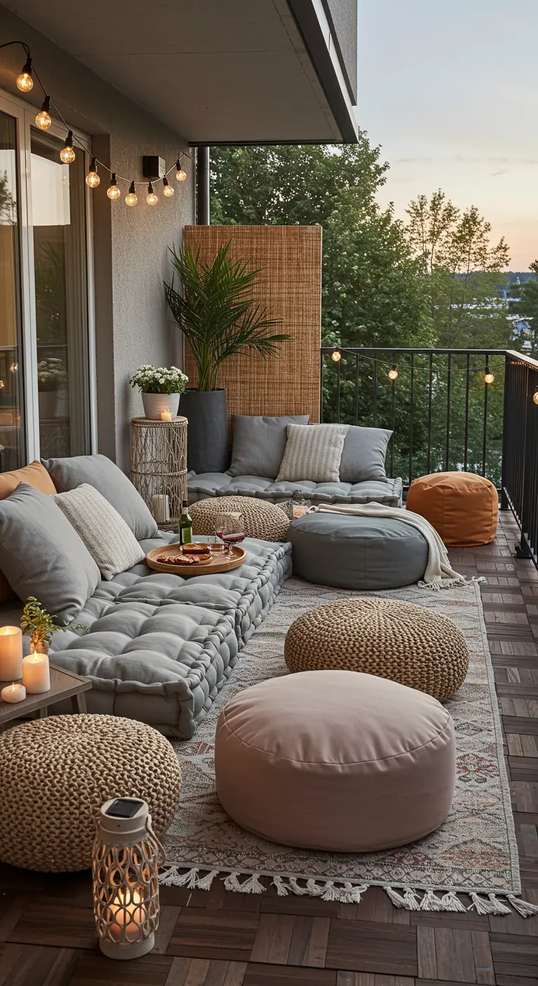 Balkon lounge met lage matraskussens, poefs, naturel tinten en sfeerverlichting.