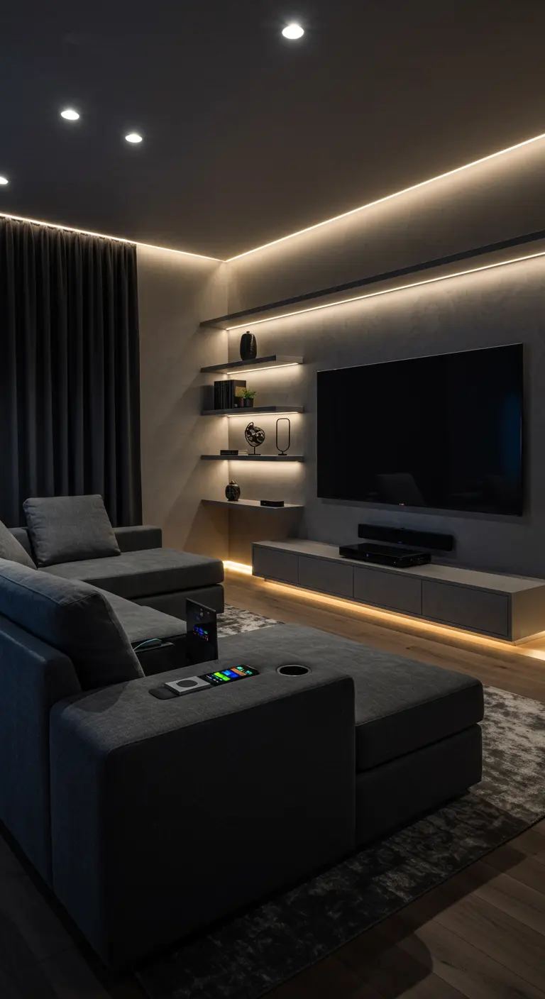 Donkere multifunctionele hoekbank in home cinema setting met sfeerverlichting.