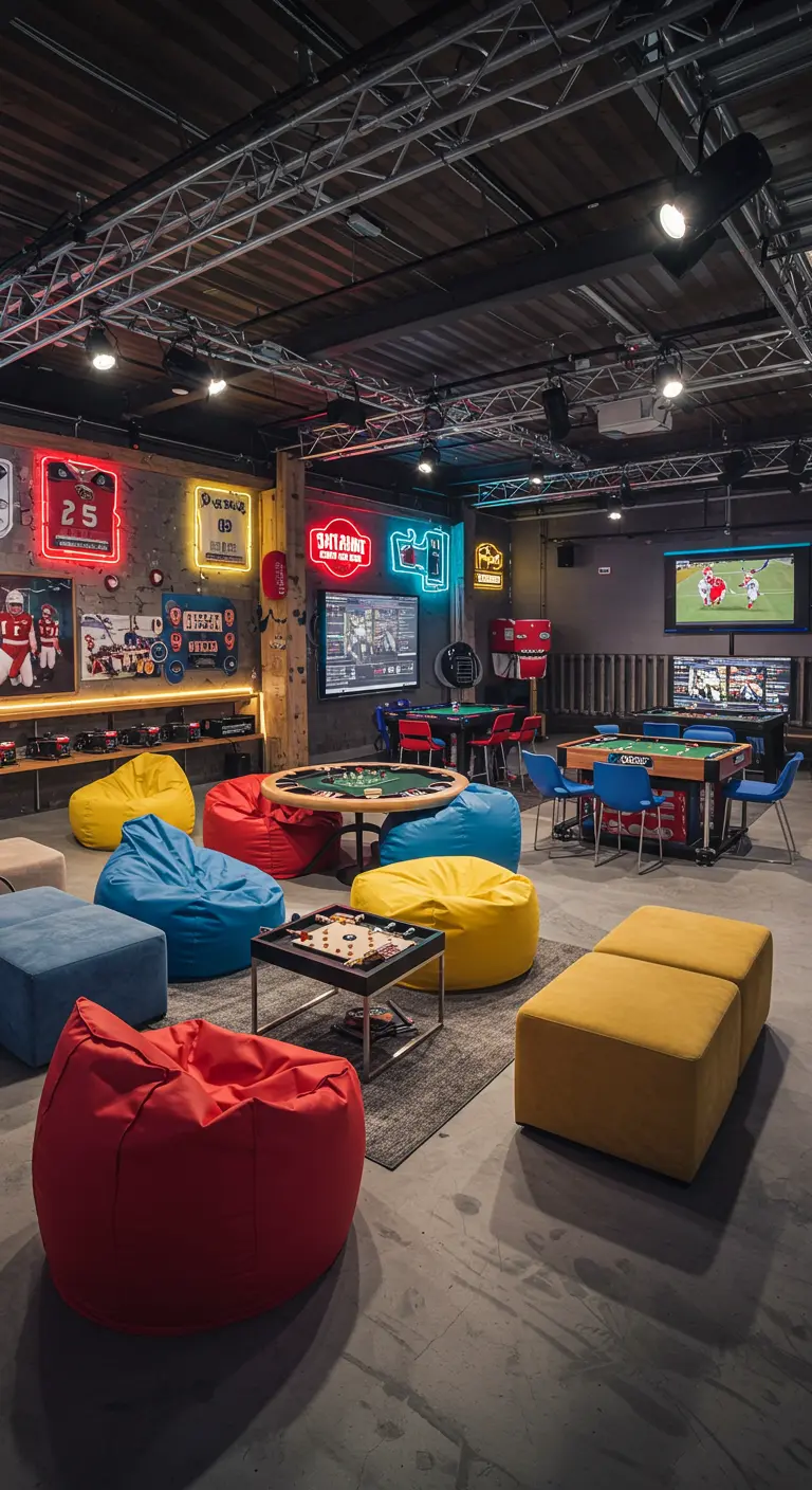 Game room in garage met neonlichten, zitzakken en speeltafels.