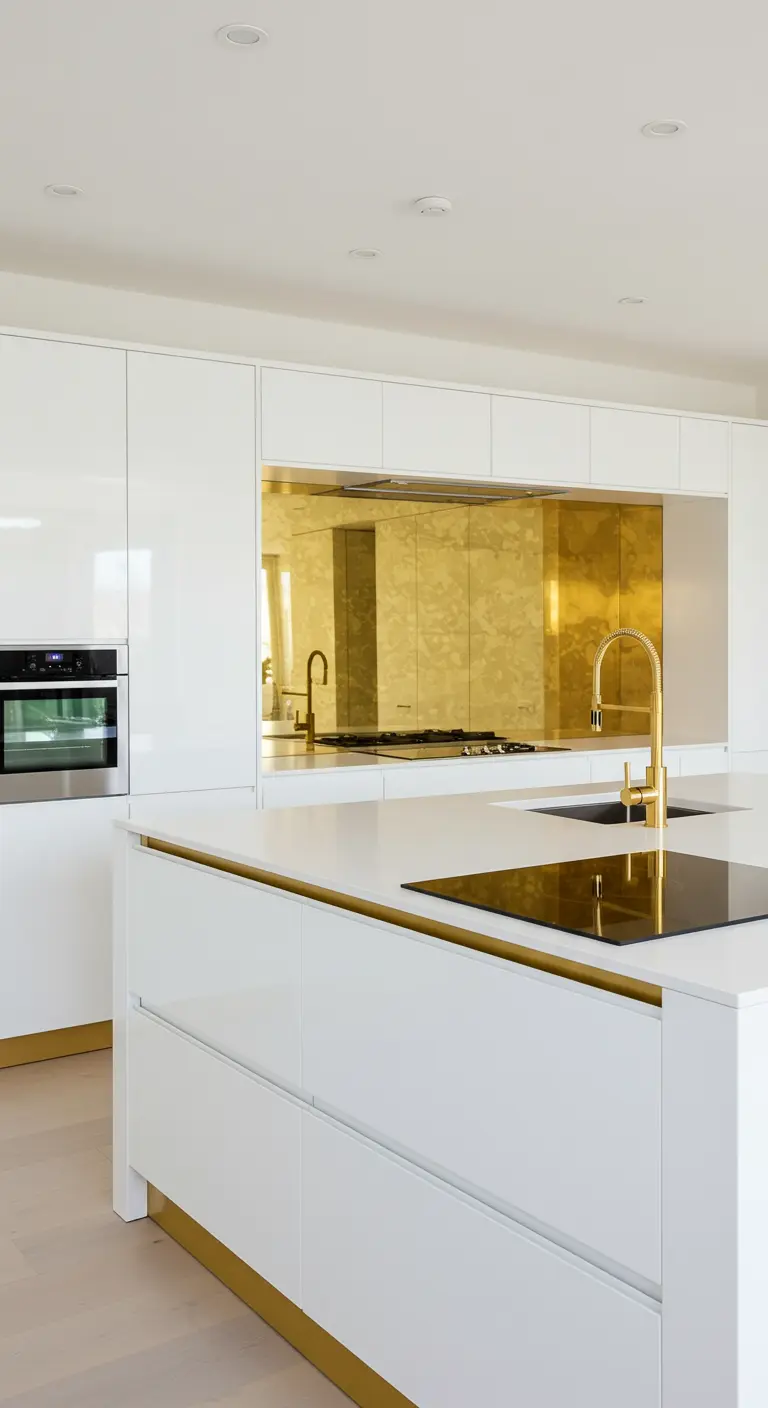 Hoogglans witte keuken met gouden spiegelachterwand, gouden kraan en gouden plint.