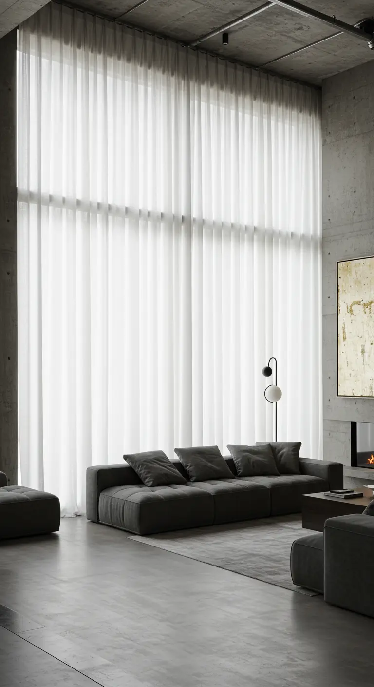 Moderne woonkamer met plafondhoge, transparante gordijnen en betonnen accenten.
