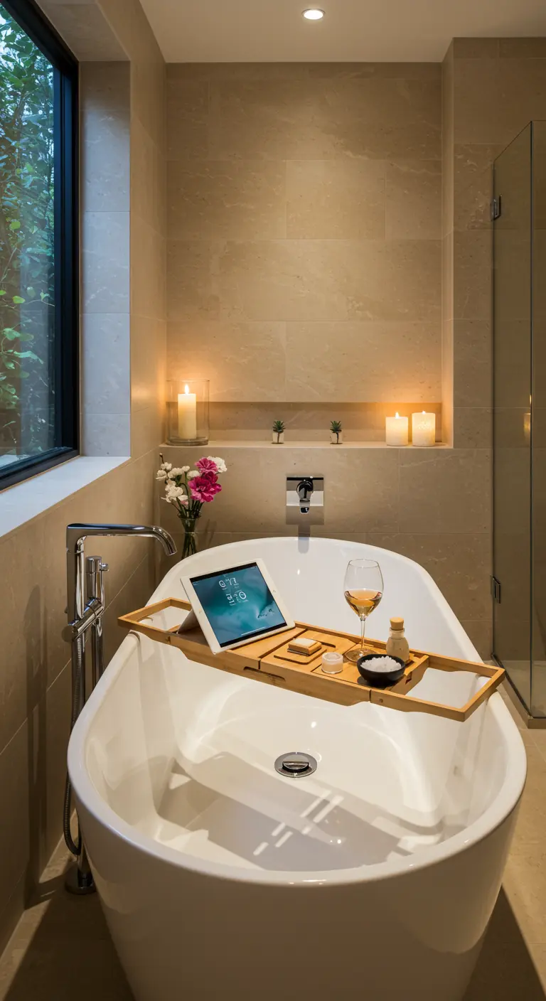 Houten badplank over een bad met tablet, wijnglas en kaarsen.