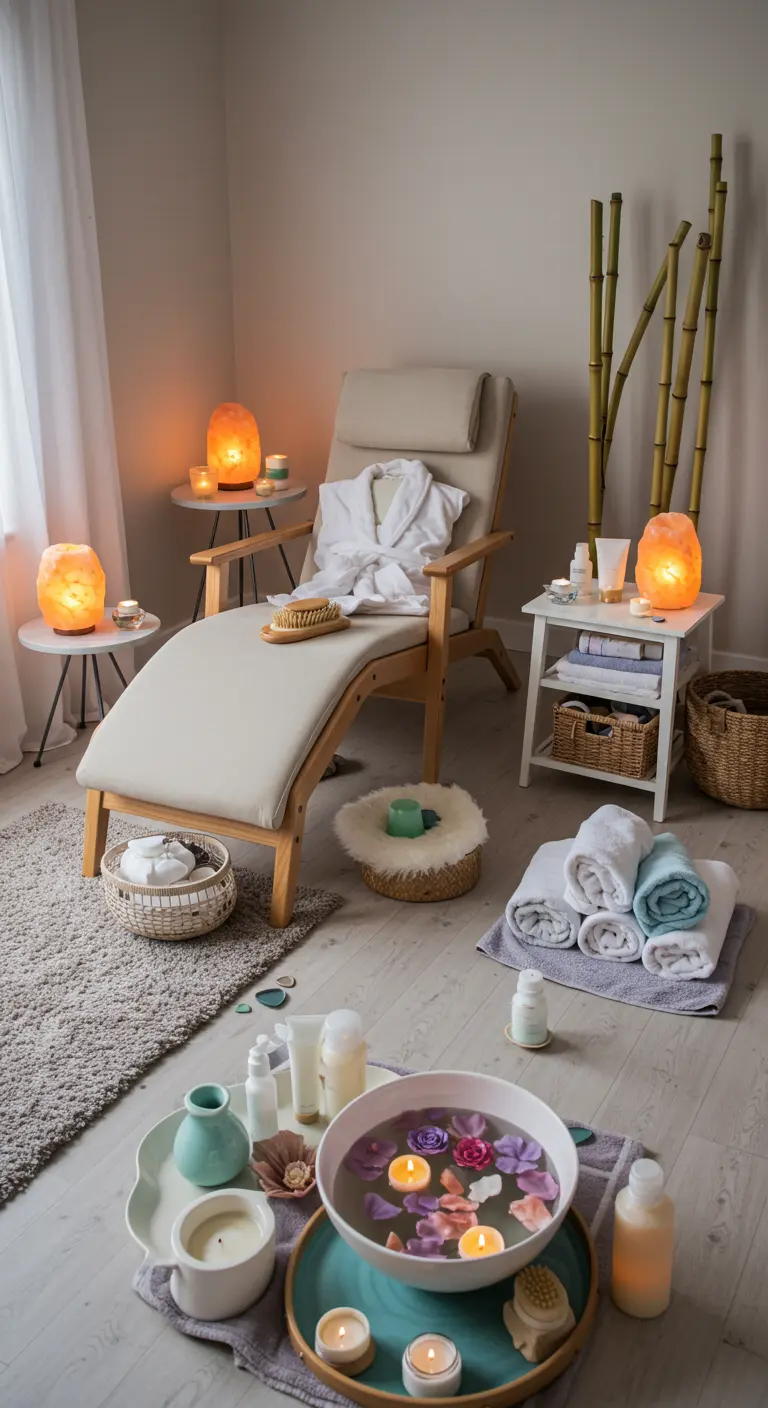 Ontspannende thuis spa setting met lounge stoel, handdoeken, kaarsen en verzorgingsproducten.