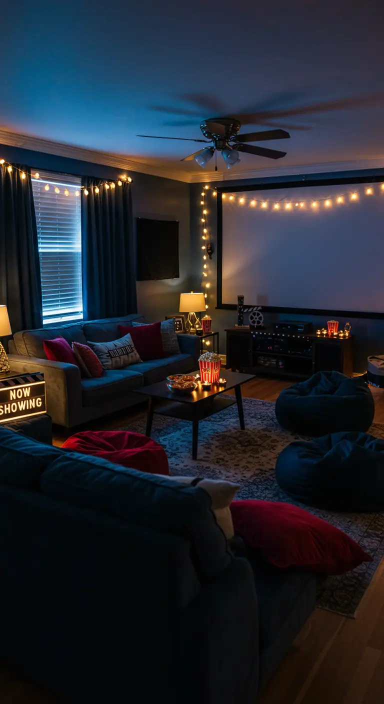 Donkere woonkamer ingericht als thuisbioscoop met projector, banken en popcorn.