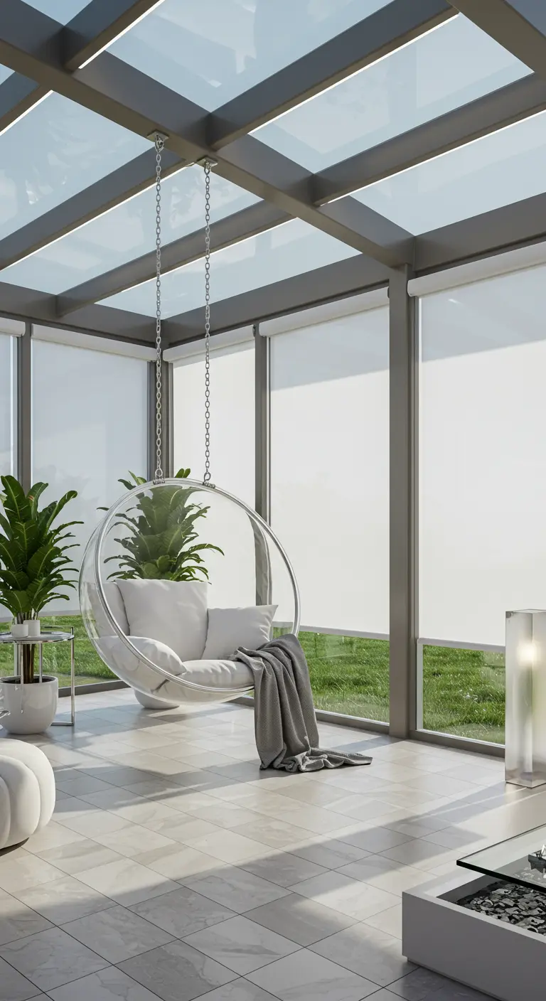 Transparante acryl hangstoel met witte kussens en grijs plaid in een glazen serre met witte rolgordijnen, omringd door planten.