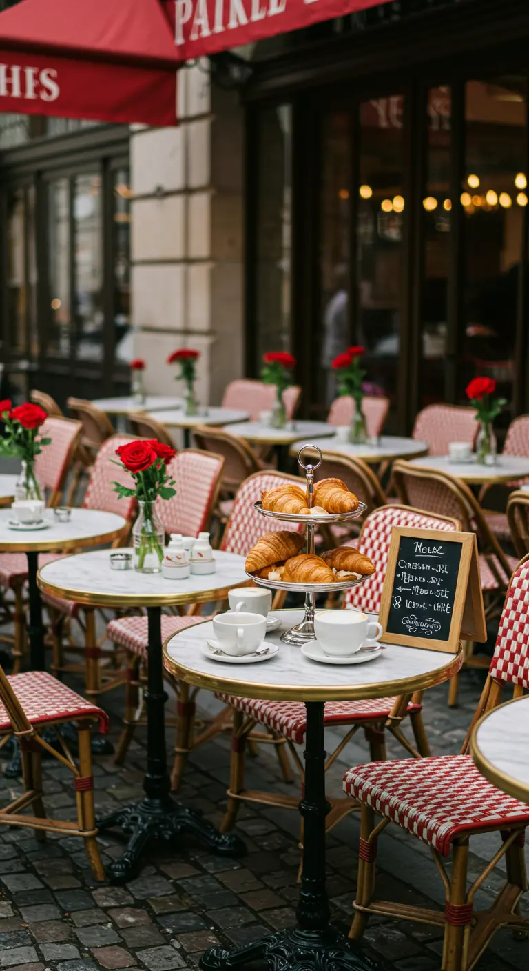 Parijse cafésetting met ronde marmeren tafels, rode rozen en croissants op etagère.