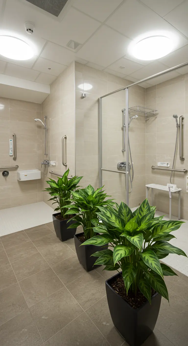 Drie Aglaonema planten op een rij in zwarte potten in een ruime, lichte badkamer.