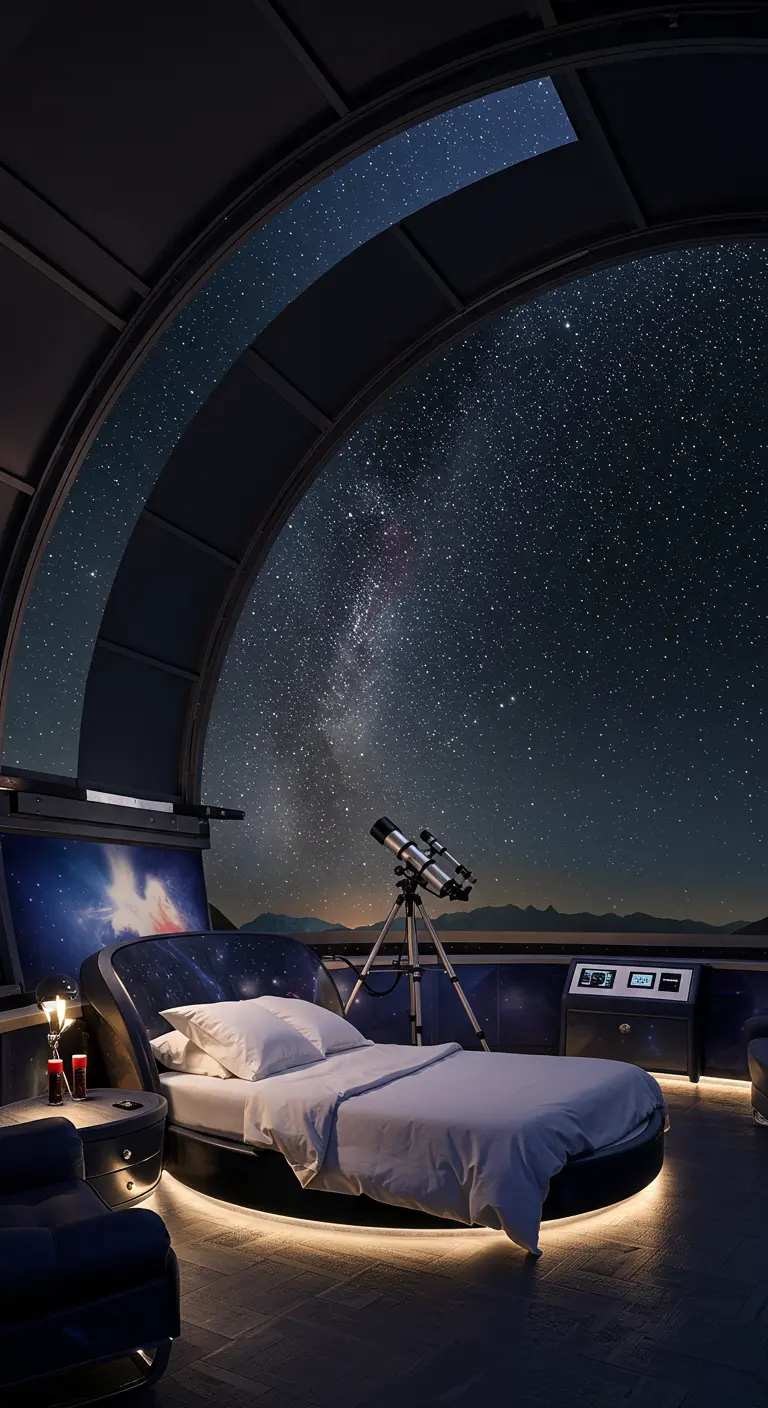 Slaapkamer in observatoriumstijl met uitzicht op de Melkweg.