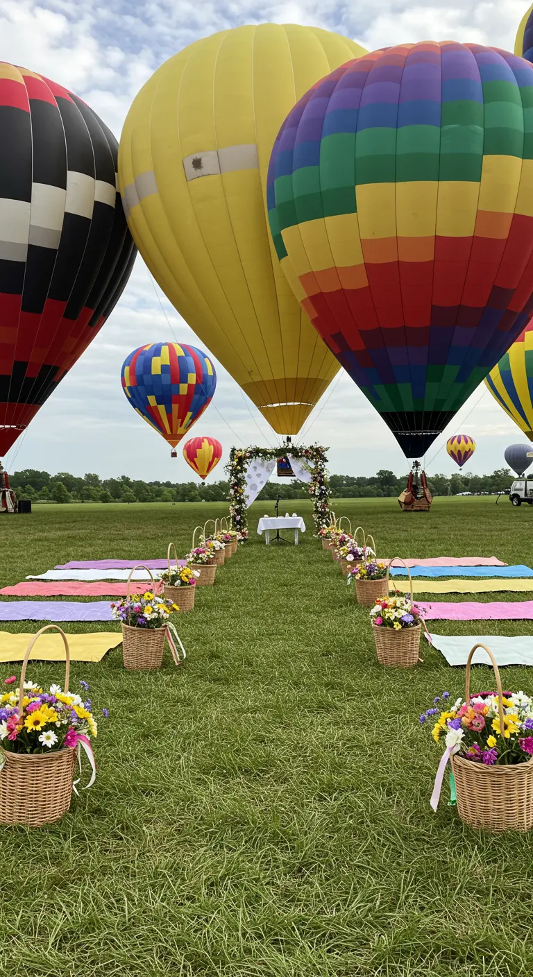 Ceremonie-opstelling in een veld met hete luchtballonnen, picknickkleden en bloemenmanden.