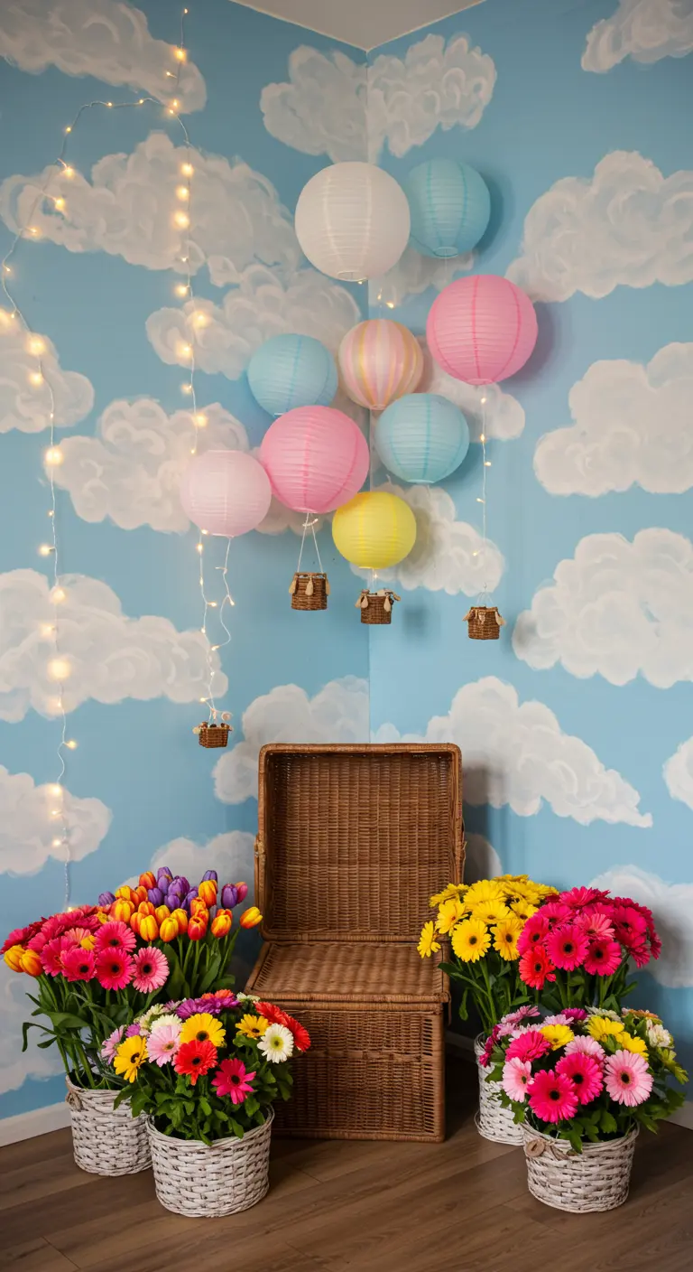 Verjaardagshoek met wolkenachtergrond, papieren lampionnen als luchtballonnen, lichtjes en bloemen.