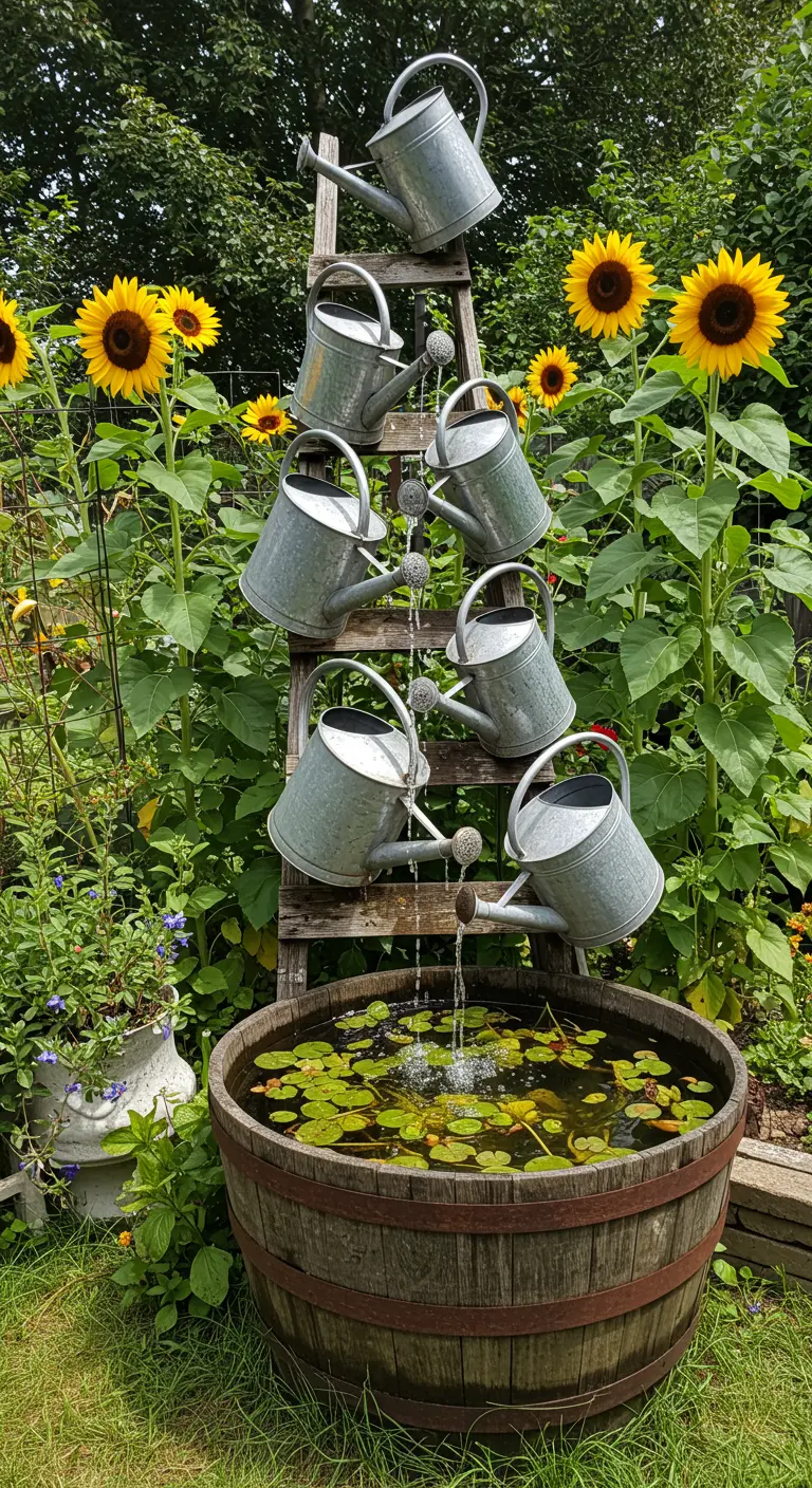 Creatieve waterval van zinken gieters op een ladder boven een houten ton.