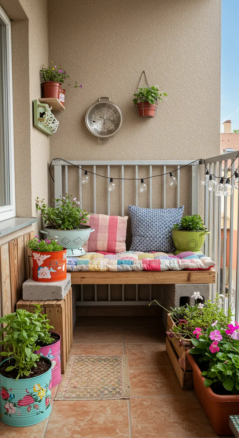 Balkon met DIY-bankje, kleurrijke blikken als potten en patchwork kussens.