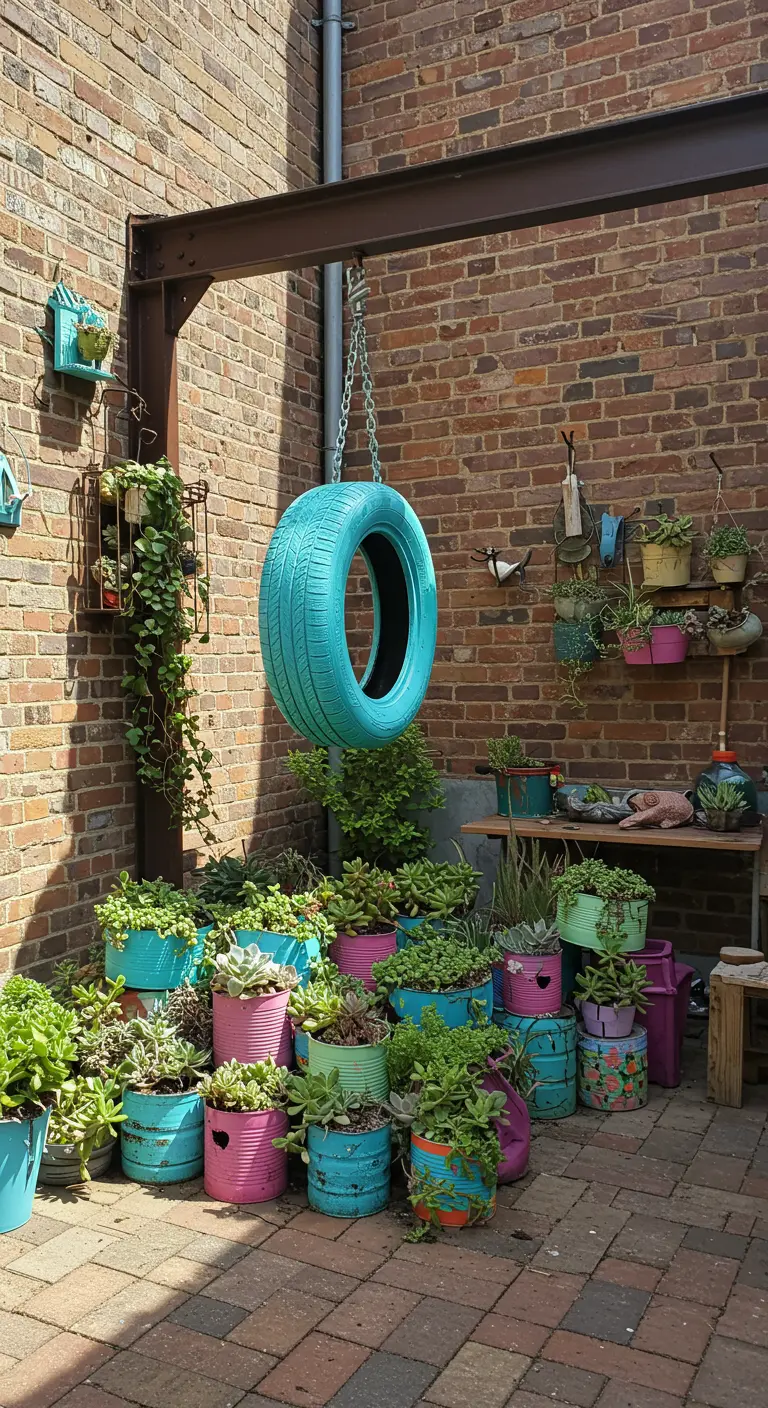 Turquoise geverfde autoband als schommel in een tuin met veel DIY plantenpotten.