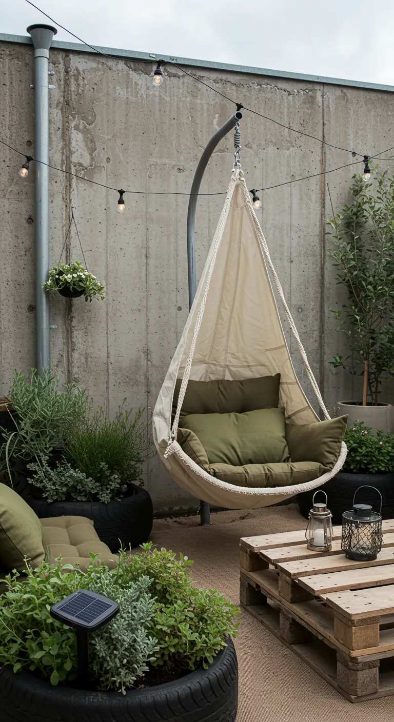 Canvas hangstoel met autobanden als plantenbakken en pallets als tafel.