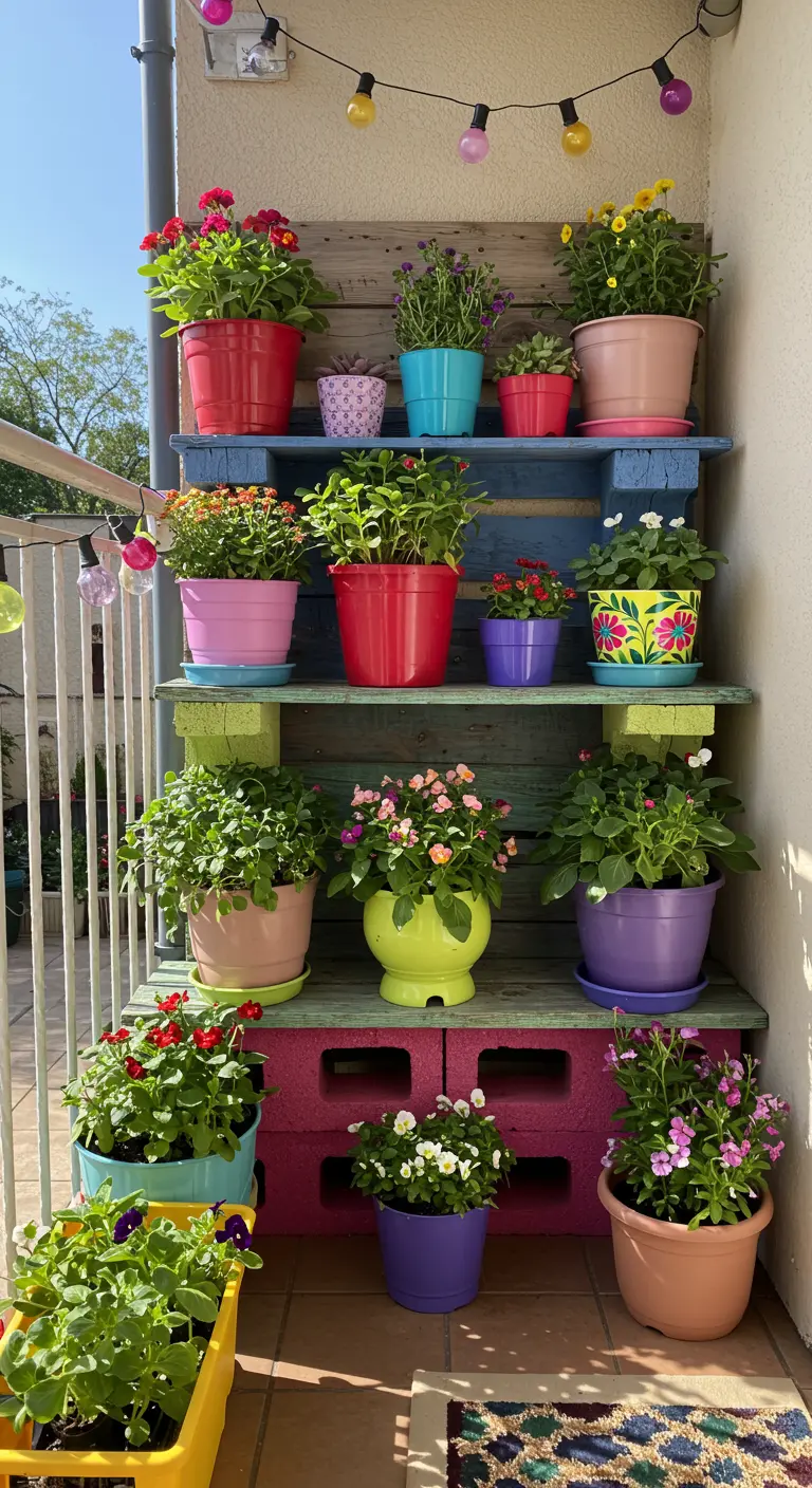 DIY plantenrek van geverfde pallets en betonblokken met felgekleurde bloempotten.