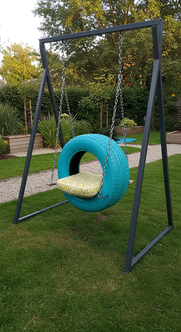 Felblauwe autoband schommel met kussen in modern metalen frame in tuin.