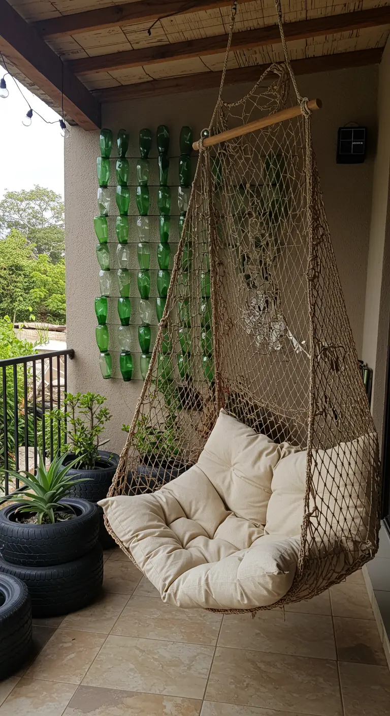 DIY hangstoel van netmateriaal, met achterwand van groene flessen en planten in autobanden.