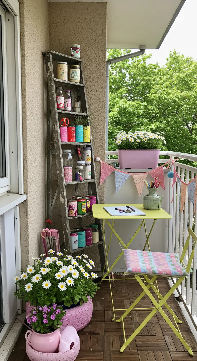Balkon met oude ladder als opbergrek vol kleurrijke potjes, een geel tafeltje en bloemen.