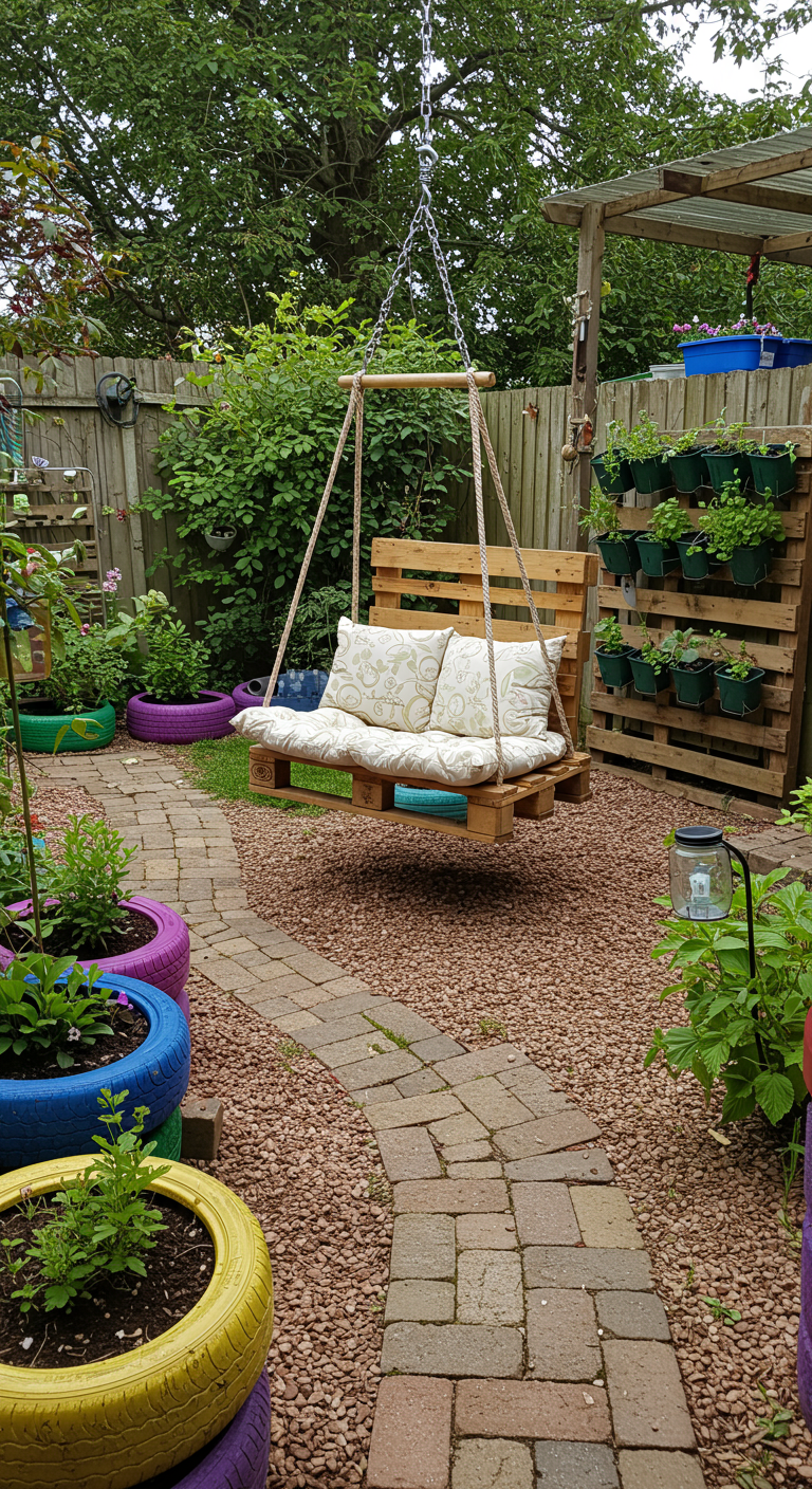DIY houten schommelbank van pallets in tuin met gekleurde autoband-plantenbakken.