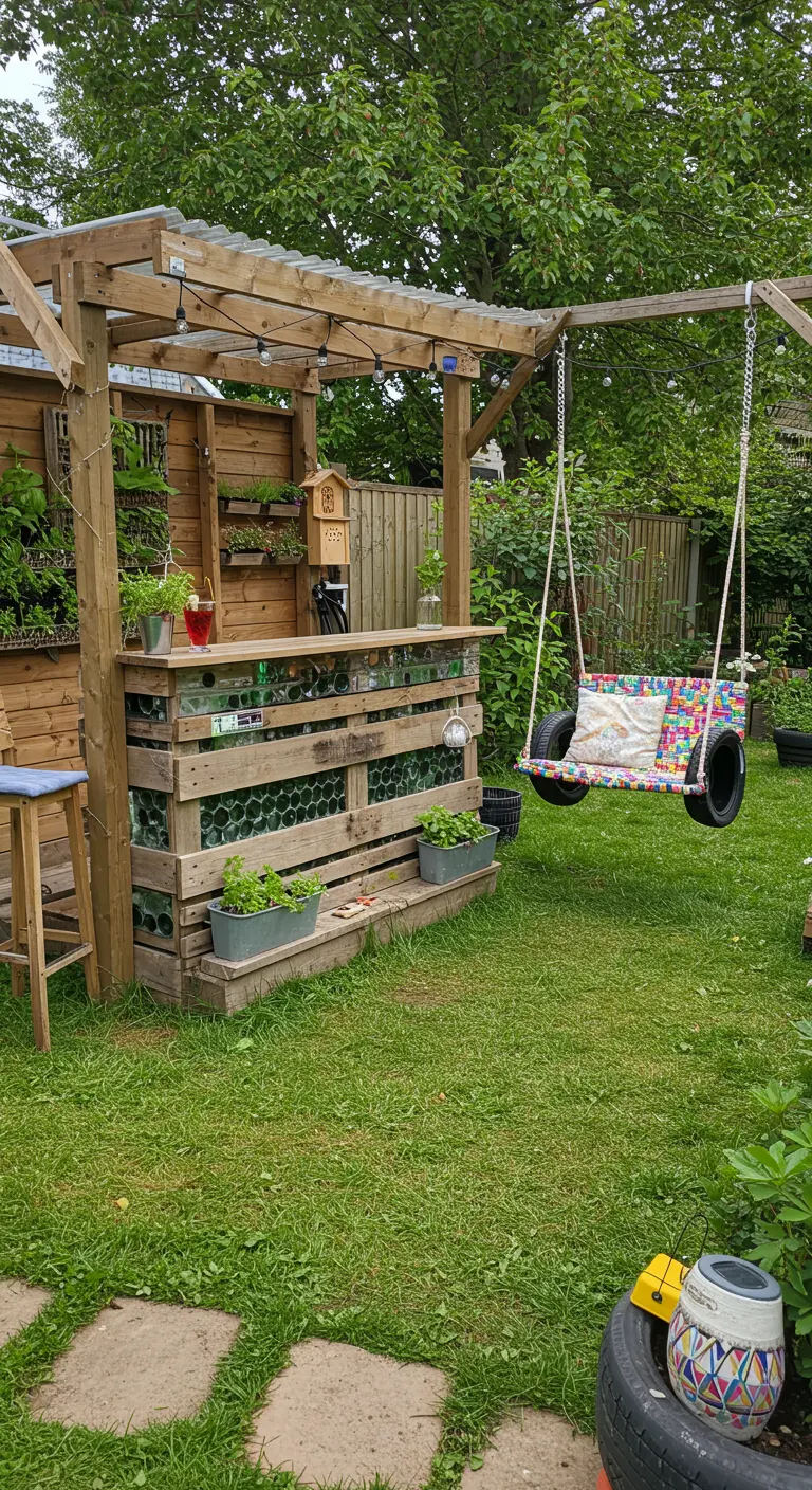 Upcycled buitenbar van pallets en flessen met een schommel gemaakt van autobanden.