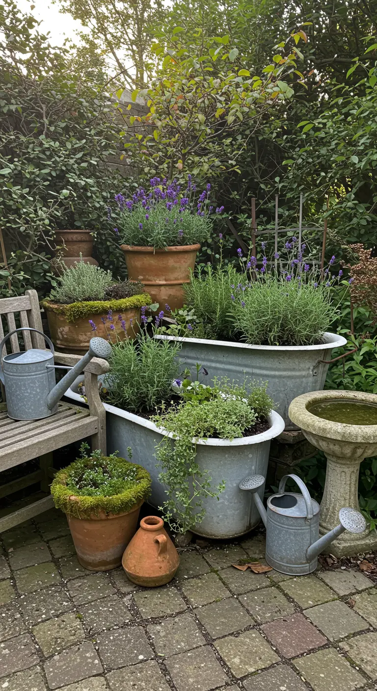 Oude zinken badkuip en teilen gebruikt als plantenbakken voor lavendel en kruiden in een cottage tuin.