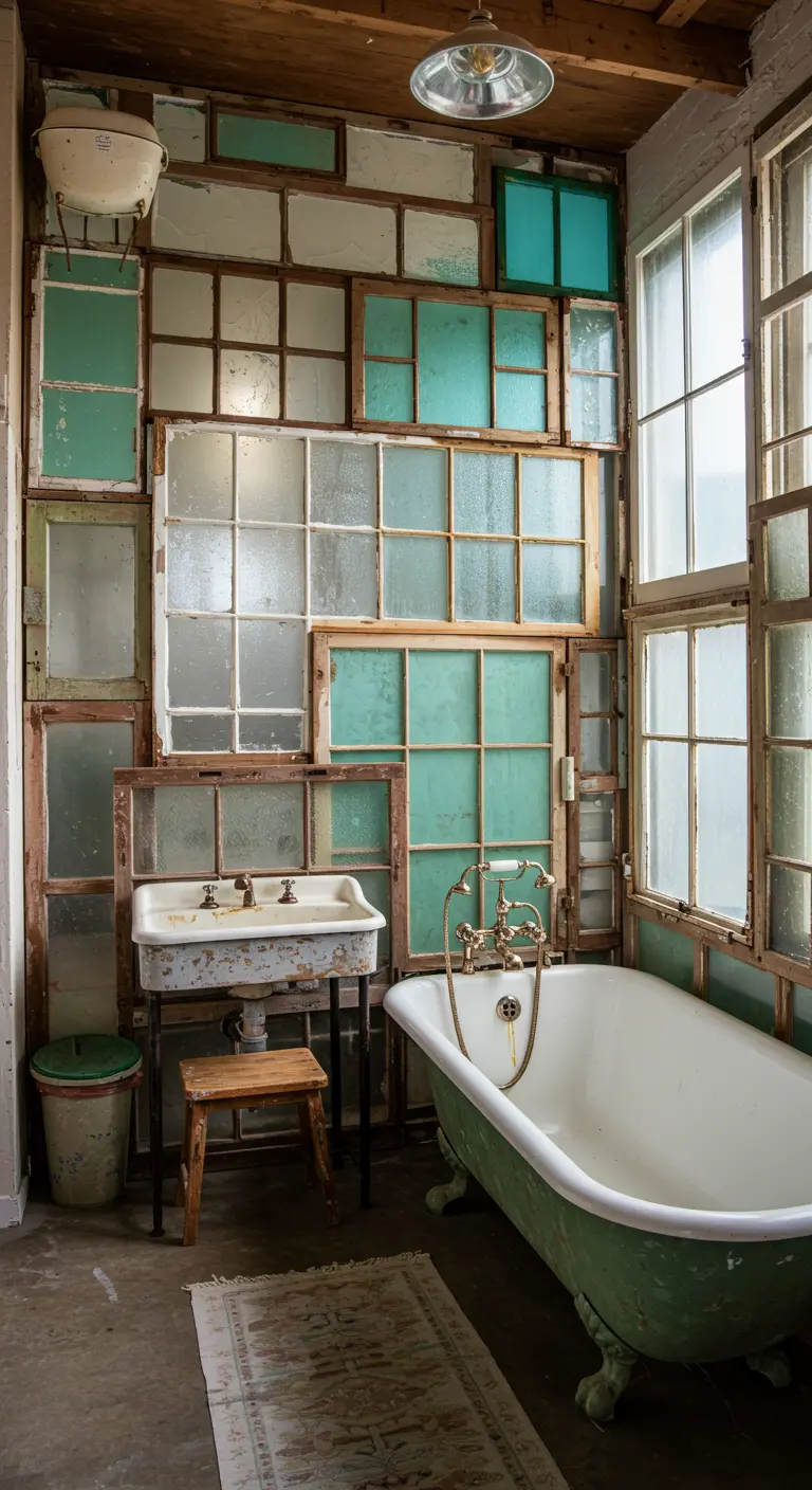 Eclectische badkamer met een wand samengesteld uit diverse oude, hergebruikte ramen.