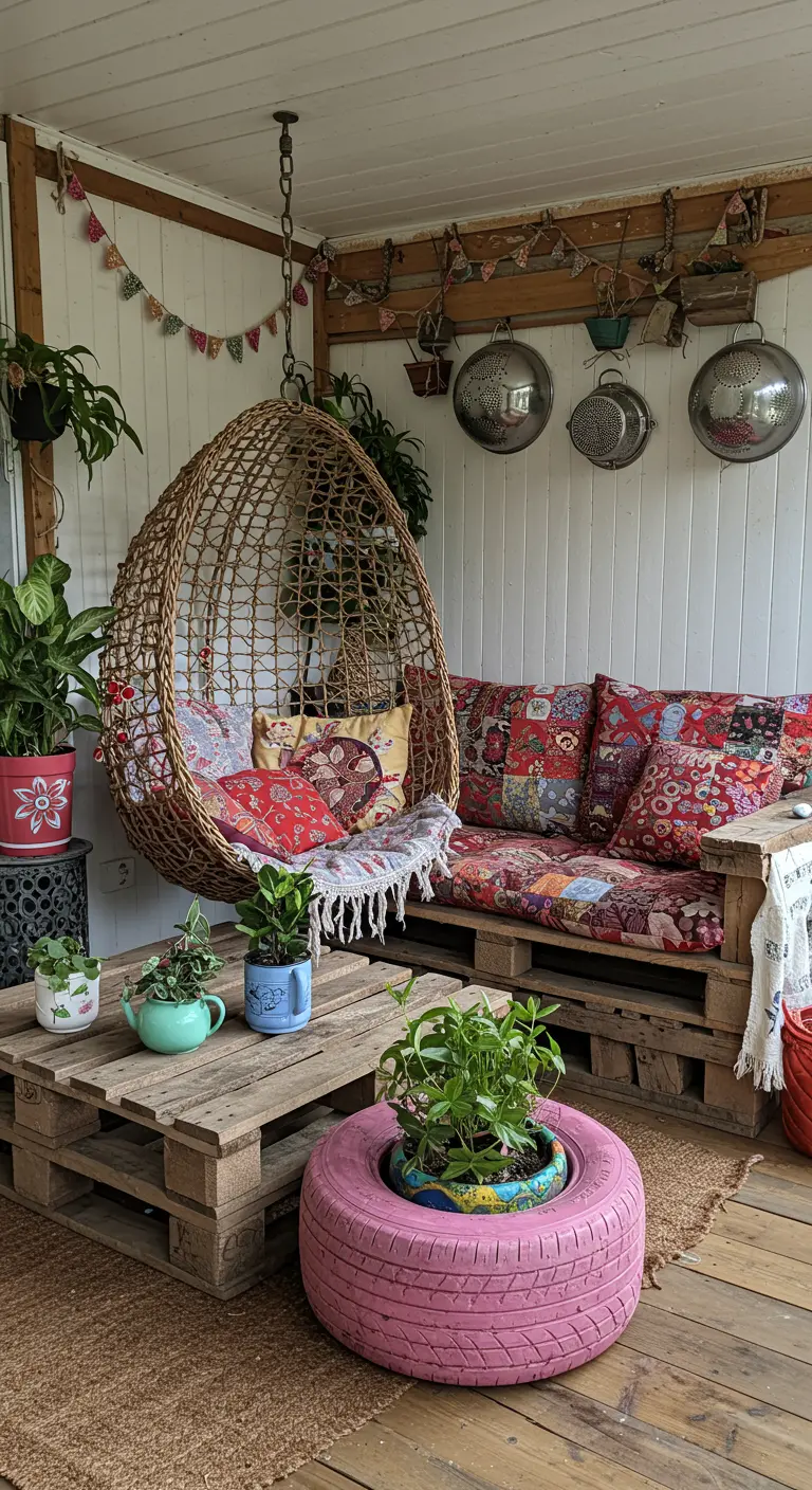 Rotan hangstoel naast een palletbank en een geverfde autoband als plantenbak.