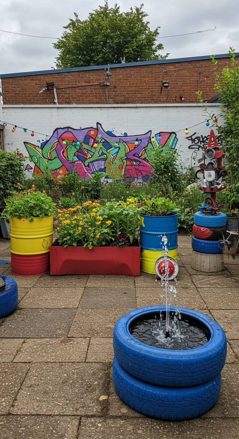 Stedelijke tuin met geverfde vaten en banden als plantenbakken/fontein, graffiti op muur.