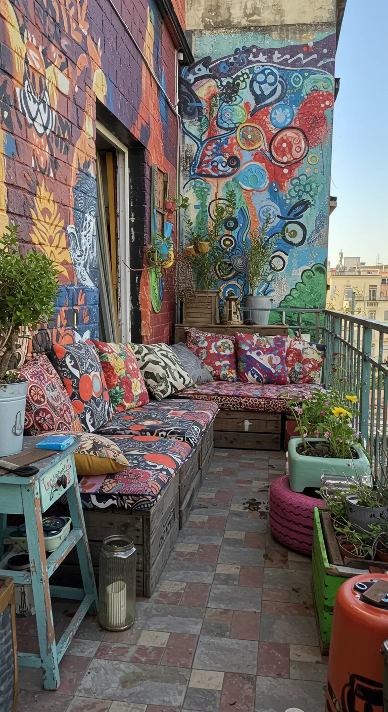 Balkon met graffiti muurschildering en DIY-bank met eclectische mix van kussens.