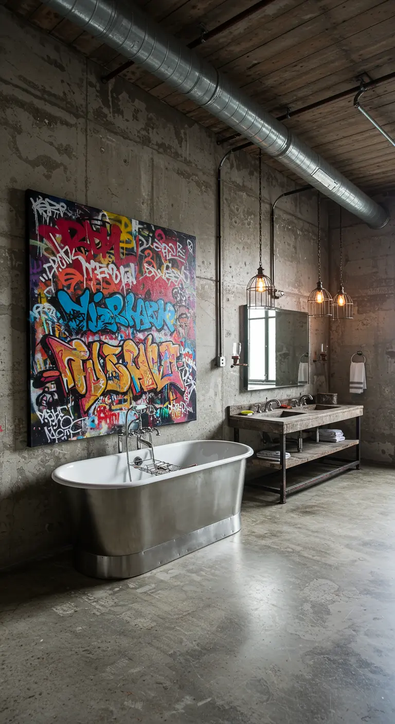 Industriële badkamer met betonnen muren en een groot kleurrijk graffiti schilderij naast het bad.