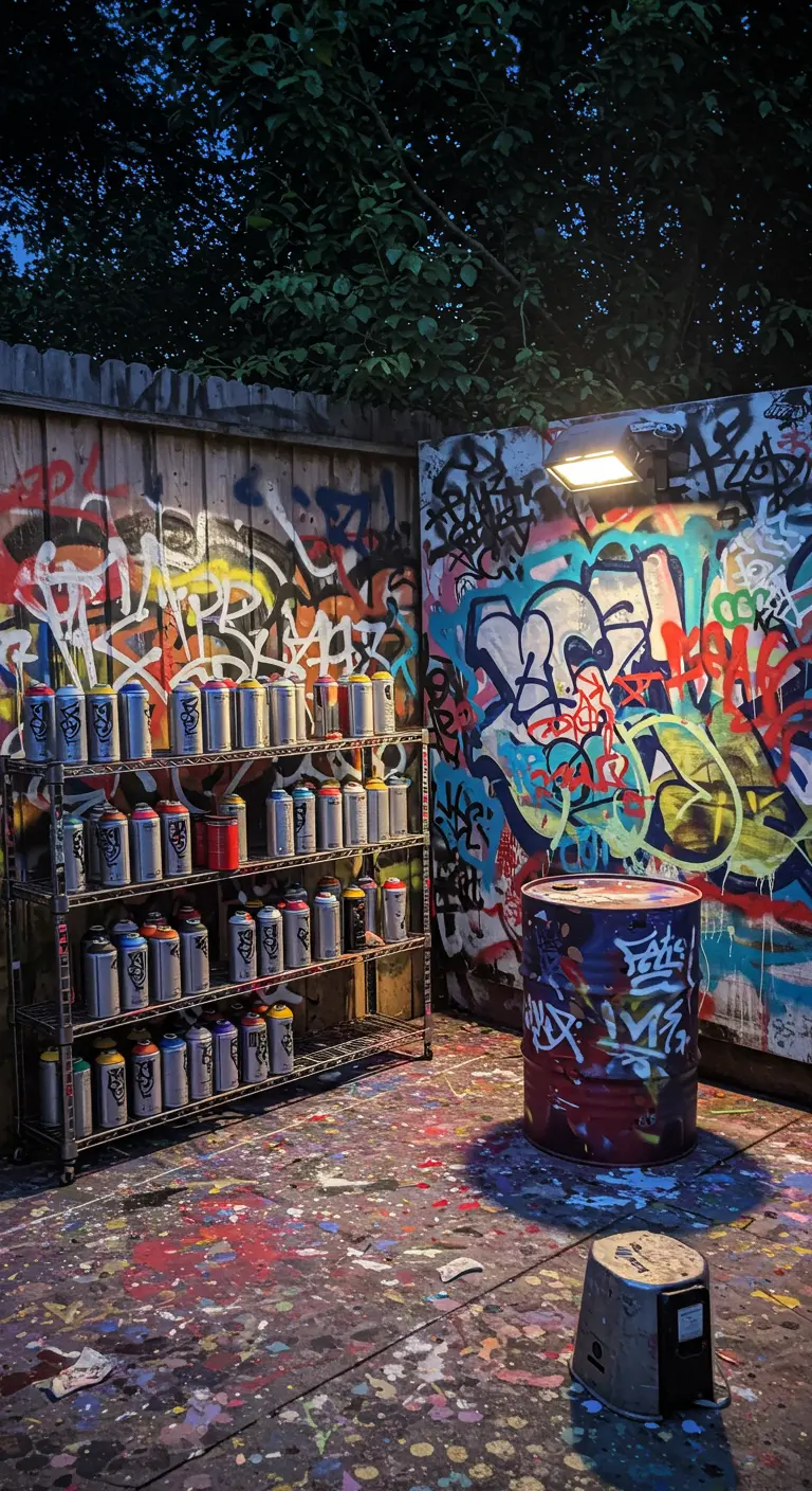 Buiten graffiti werkplek 's nachts met muren vol kunst, rek met spuitbussen en verfspatten.