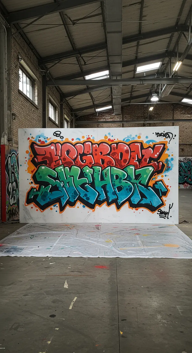 Groot wit paneel met kleurrijke graffiti 'THROWBACK SKHBRK' in een industriële ruimte.