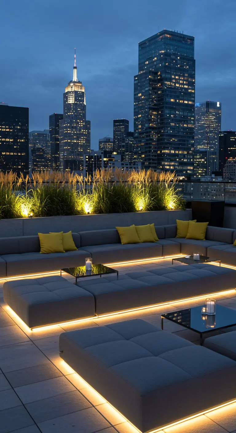 Moderne rooftop lounge met grijze banken, gele kussens en LED-verlichting onder de banken.