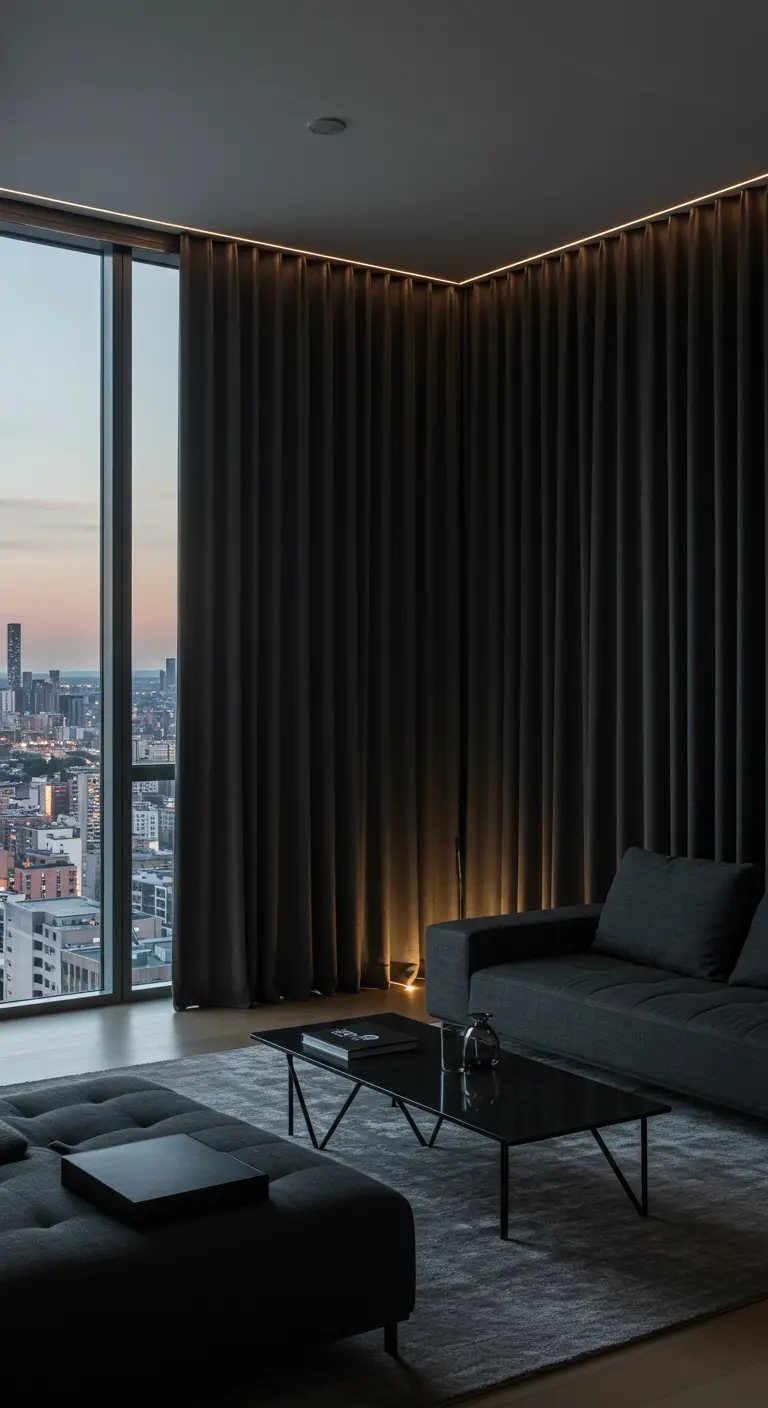 Donkere, kamerhoge gordijnen in een modern appartement met uitzicht op de stad.