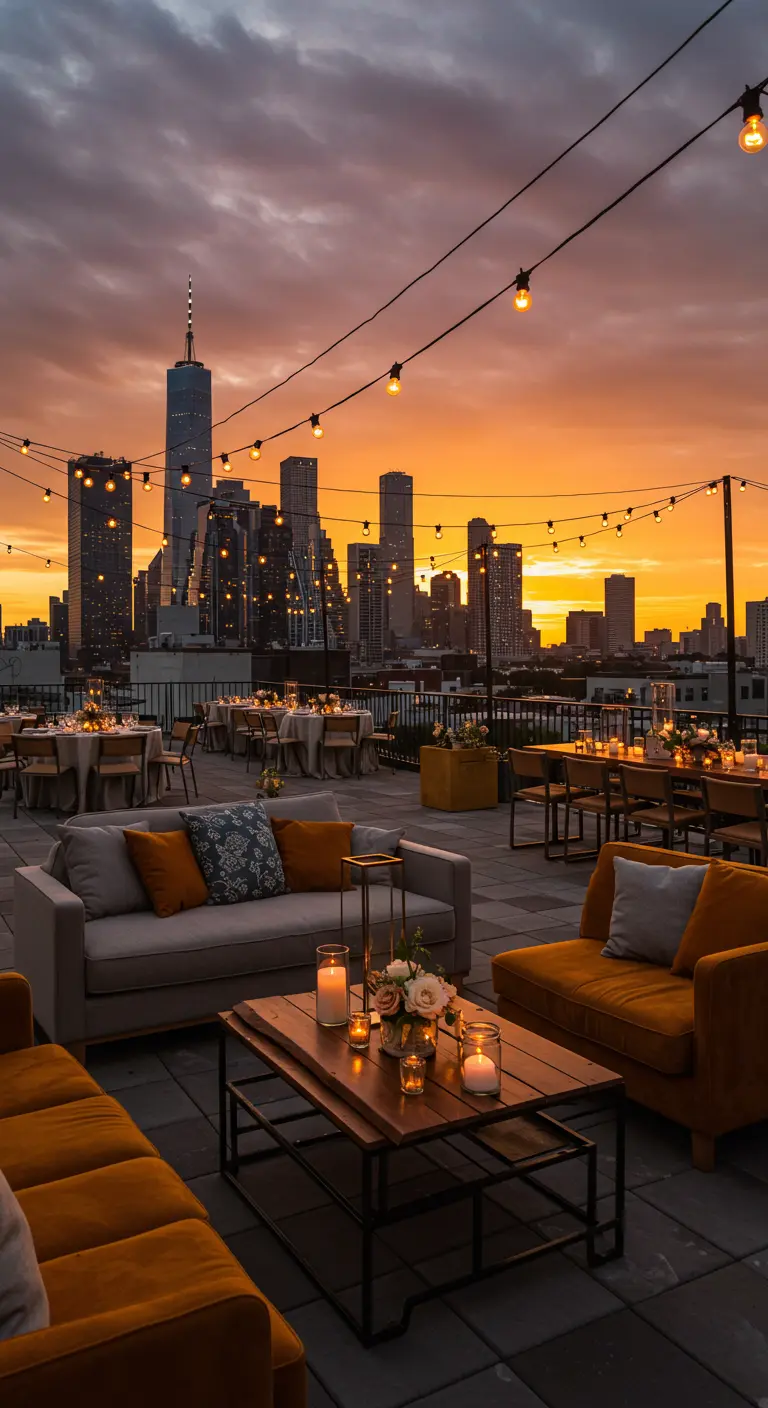 Dakterras met loungebanken, amberkleurige kussens en uitzicht op skyline.