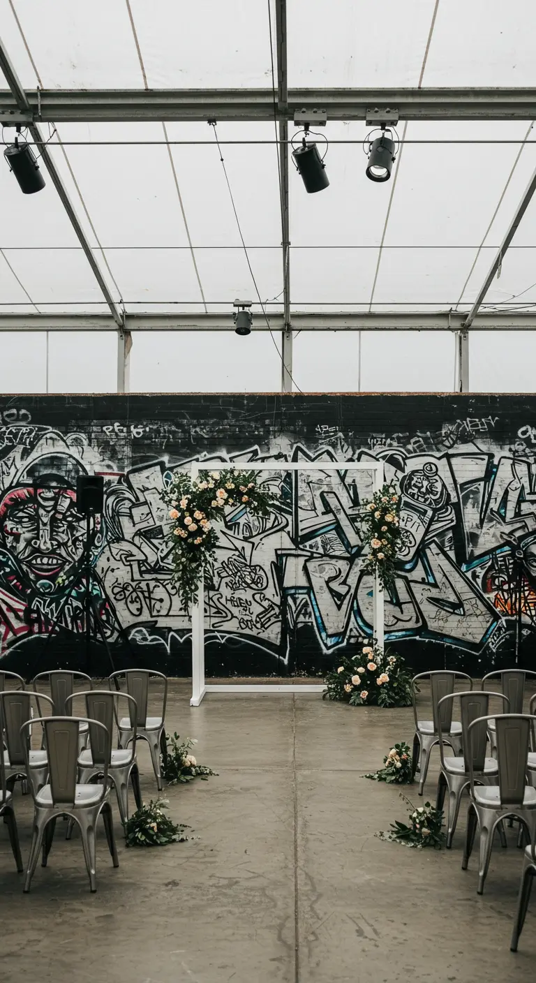 Bruiloft ceremonieboog met bloemen voor een graffiti muur in industriële setting.