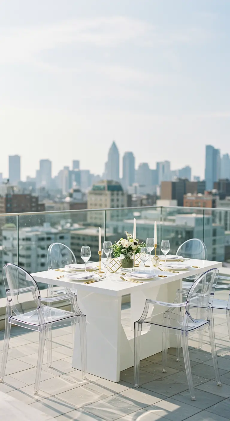 Moderne witte ontbijttafel met transparante stoelen op dakterras met skyline uitzicht.