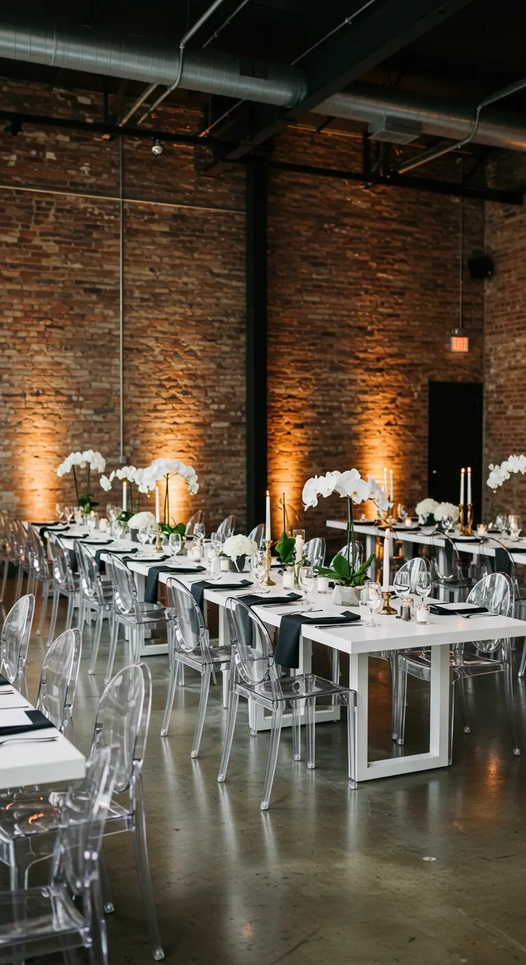 Industriële bruiloft met witte tafels, orchideeën, ghost chairs en gouden kandelaars.