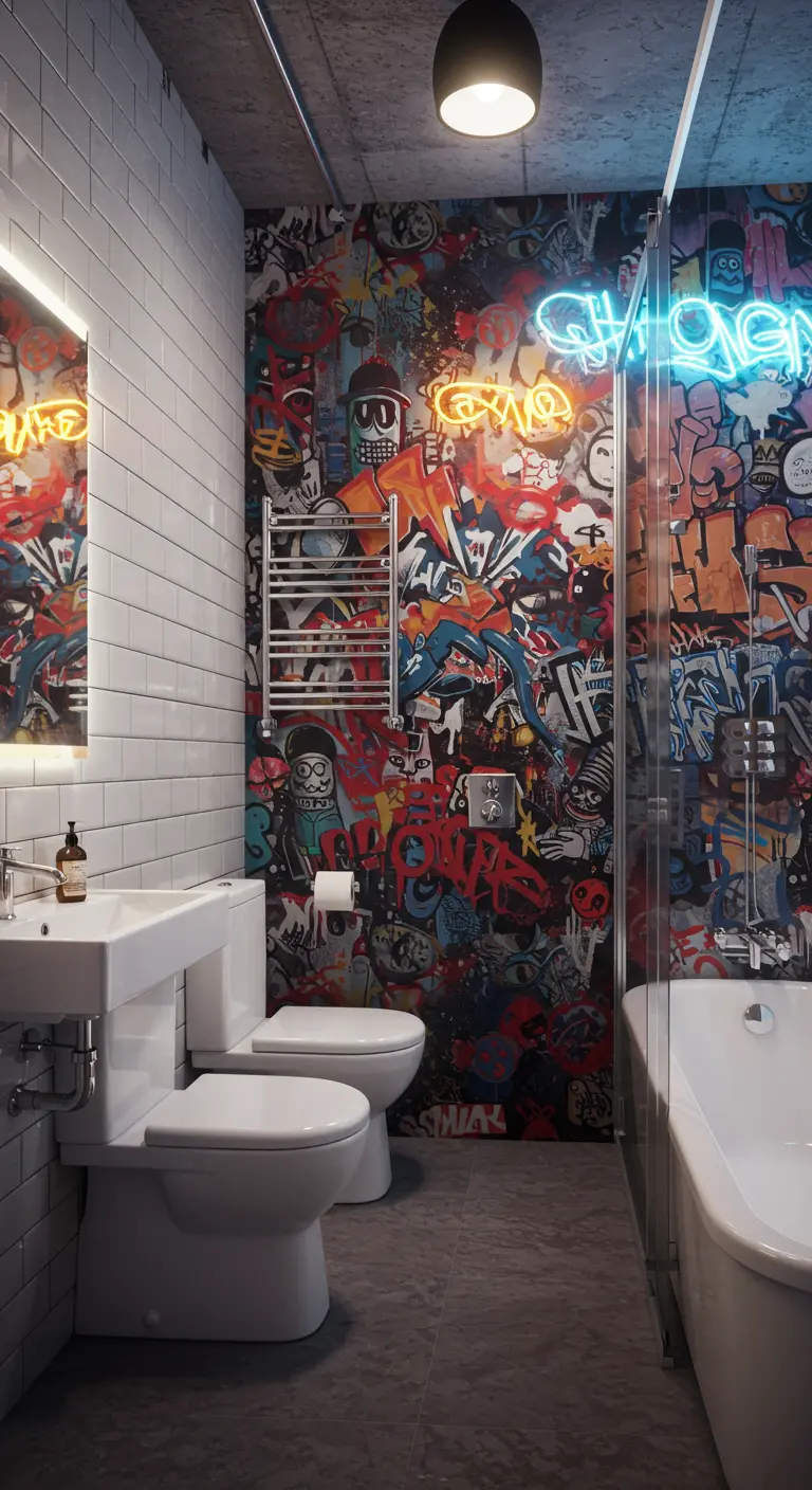 Badkamer met een volledige muur in kleurrijke graffiti-stijl, inclusief neonletters.