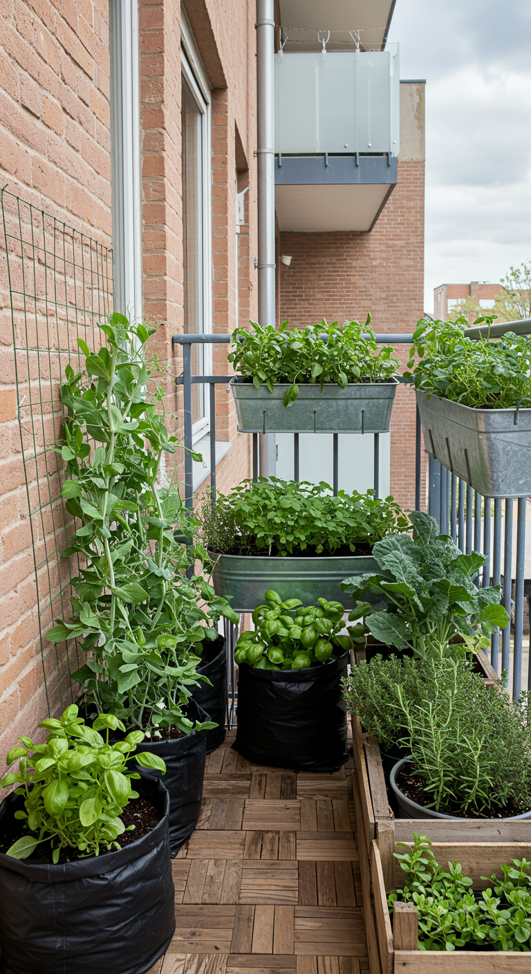 Moestuinbalkon met diverse kruiden en groenten in potten, bakken en plantzakken.