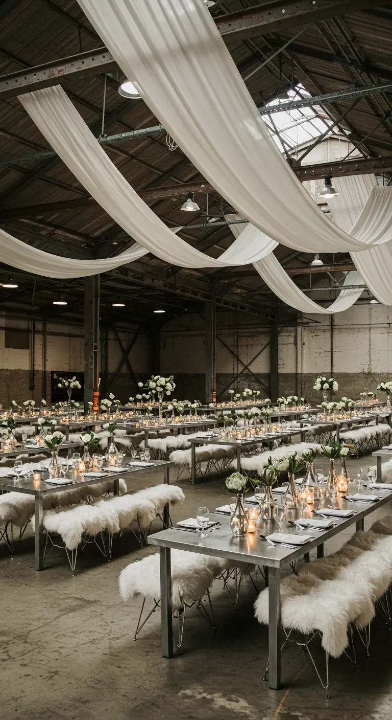 Industriële hal met lange tafels, witte vachtjes en gedrapeerde stoffen.