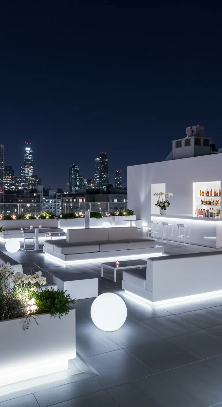 Modern dakterras 's nachts, verlicht met witte LED-strips en lichtbollen.