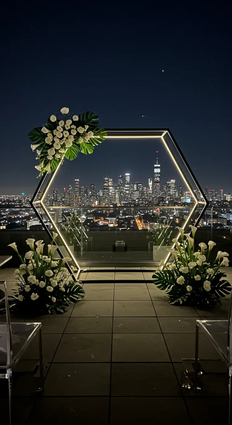 Verlichte hexagon trouwboog met witte bloemen, uitzicht op stadsskyline 's nachts.