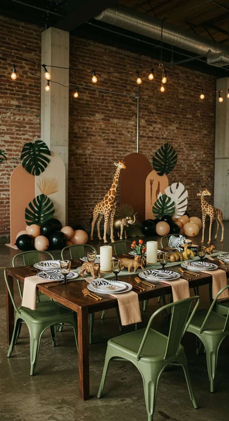 Safari thema kinderverjaardag met dierenfiguren en groene accenten.