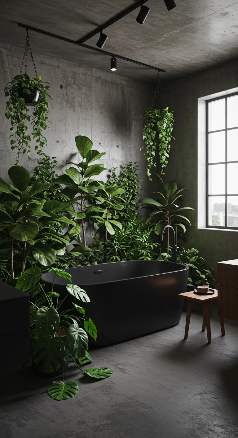 Badkamer als urban jungle met matzwart bad omringd door veel grote planten.