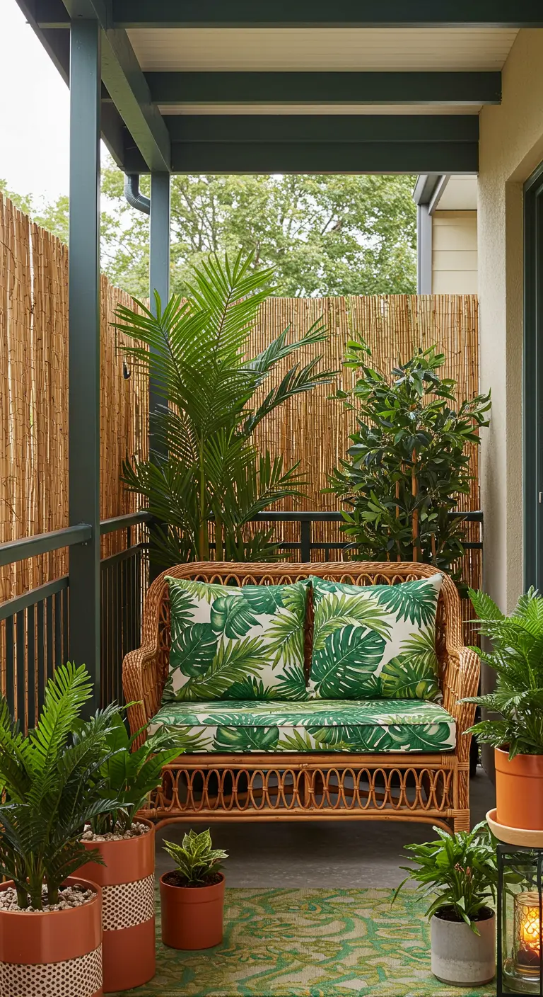 Compacte rotan bank op balkon, omringd door veel planten en kussens met bladprint.