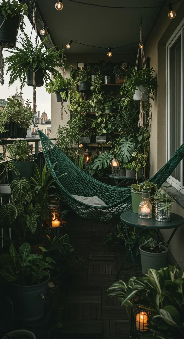 Donkergroene hangmat op een balkon vol planten, een urban jungle met sfeerverlichting.